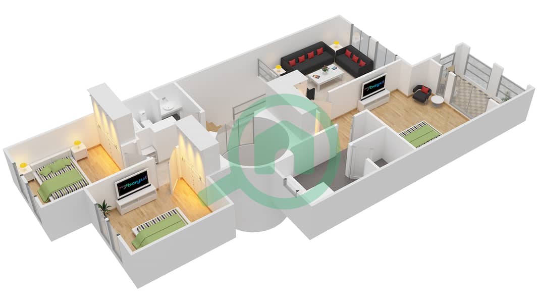 المخططات الطابقية لتصميم النموذج B MIDDLE UNIT فیلا 3 غرف نوم - زلال 1 First Floor interactive3D