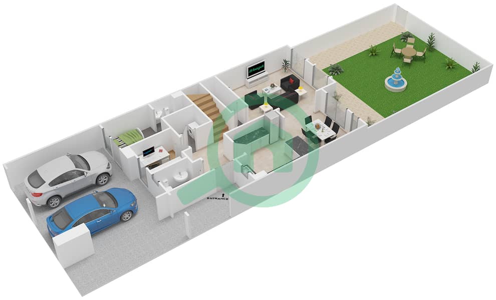 المخططات الطابقية لتصميم النموذج C MIDDLE UNIT فیلا 3 غرف نوم - زلال 1 Ground Floor interactive3D