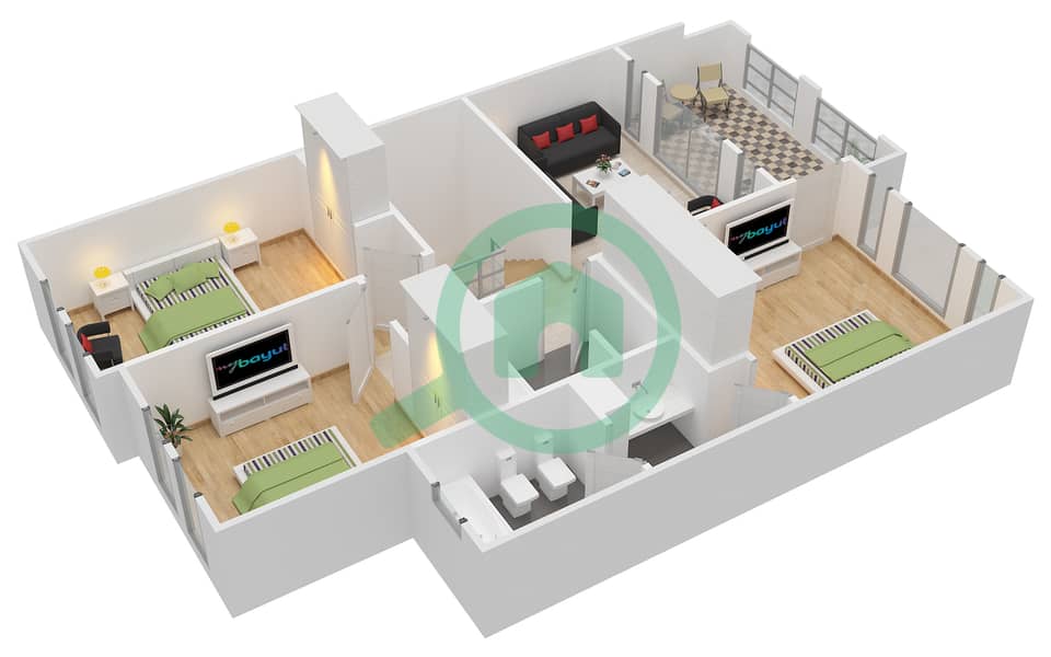 Зулал 1 - Вилла 3 Cпальни планировка Тип C MIDDLE UNIT First Floor interactive3D