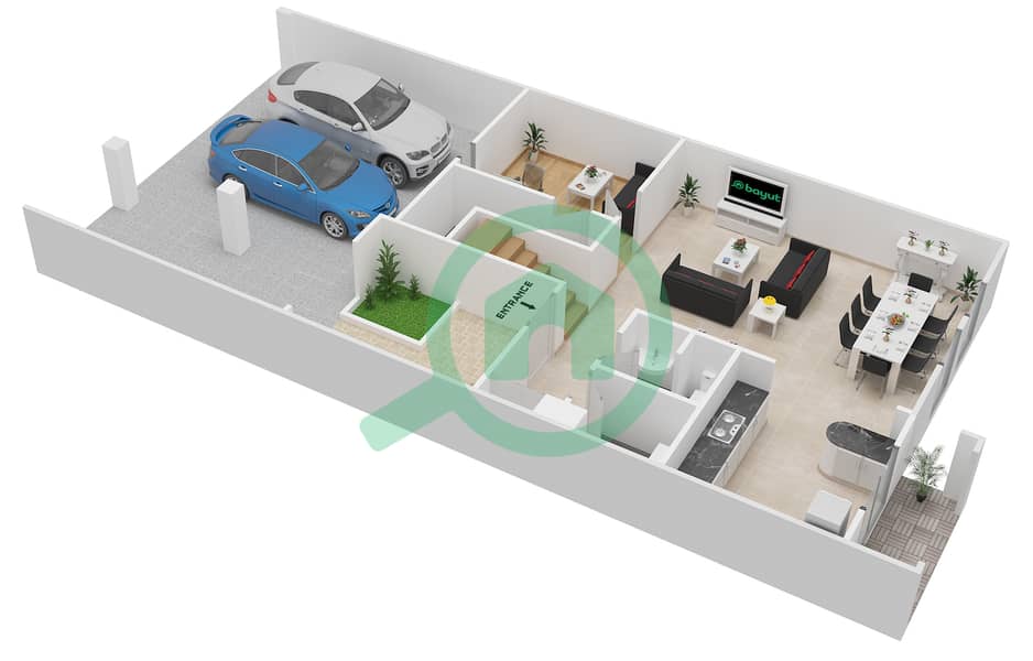 Zulal 1 - 3 Bedroom Villa Type D MIDDLE UNIT Floor plan Ground Floor interactive3D