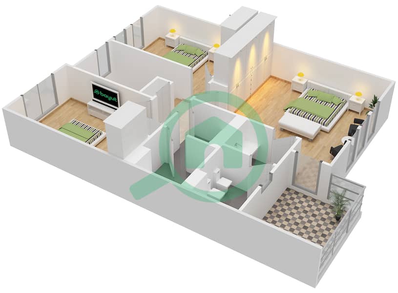 Зулал 1 - Вилла 3 Cпальни планировка Тип D MIDDLE UNIT First Floor interactive3D