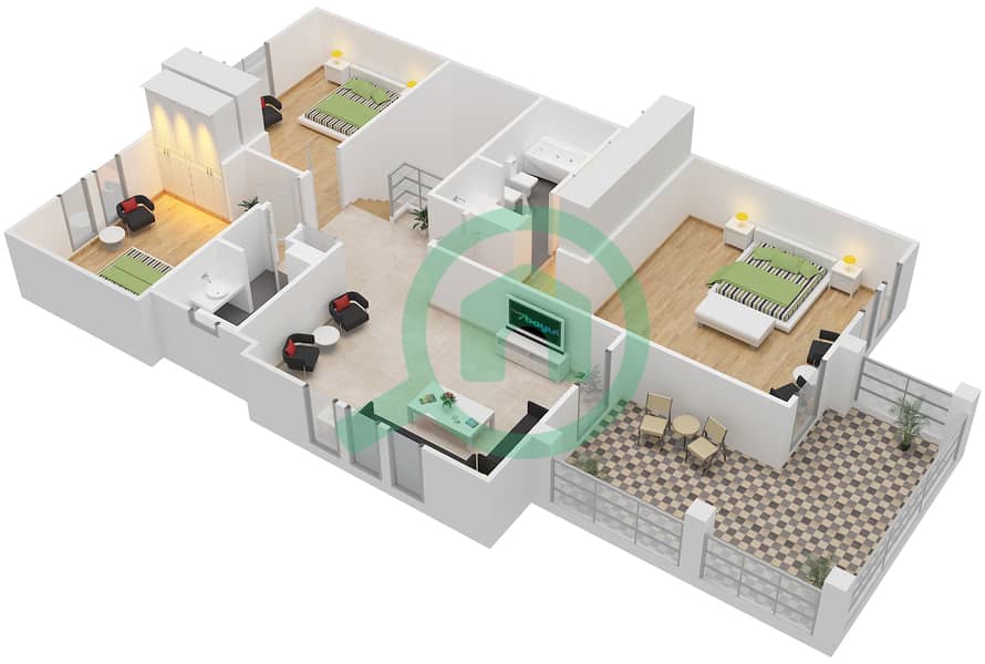 المخططات الطابقية لتصميم النموذج E END UNIT فیلا 3 غرف نوم - زلال 1 First Floor interactive3D