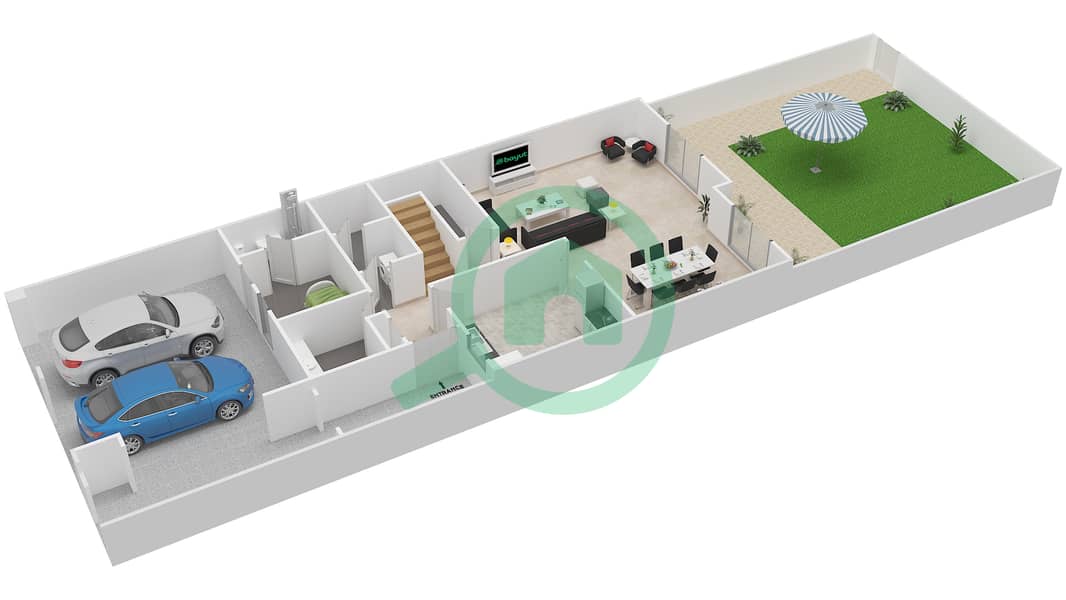 Zulal 1 - 3 Bedroom Villa Type F MIDDLE UNIT Floor plan Ground Floor interactive3D