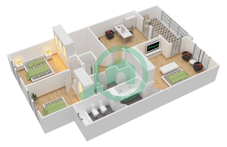 المخططات الطابقية لتصميم النموذج F MIDDLE UNIT فیلا 3 غرف نوم - زلال 1 First Floor interactive3D