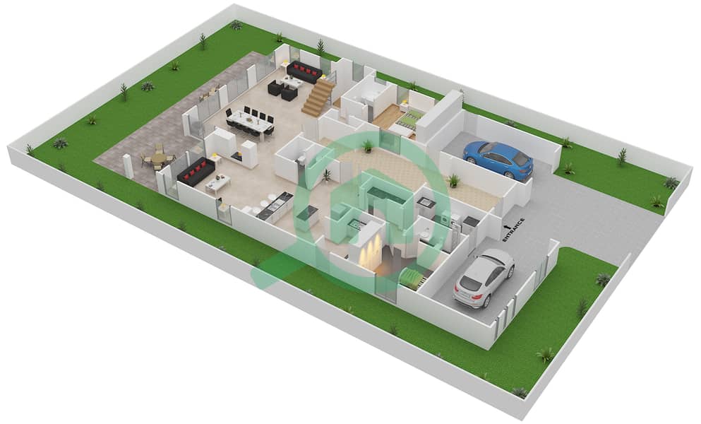 المخططات الطابقية لتصميم النموذج C فیلا 4 غرف نوم - الزهرة البرية‬ Ground Floor interactive3D