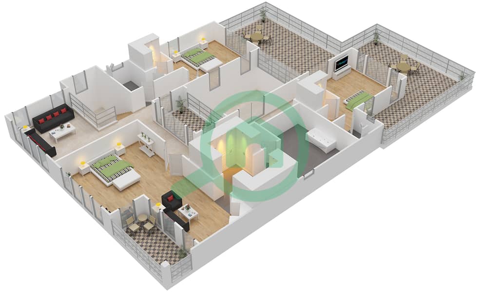 المخططات الطابقية لتصميم النموذج C فیلا 4 غرف نوم - الزهرة البرية‬ First Floor interactive3D