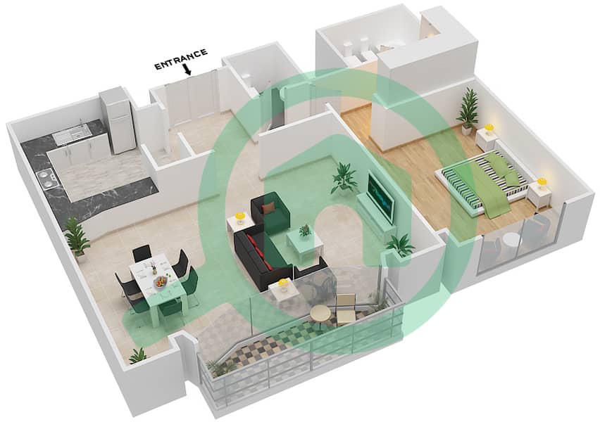 المخططات الطابقية لتصميم النموذج A شقة 1 غرفة نوم - شقق الحدائق interactive3D