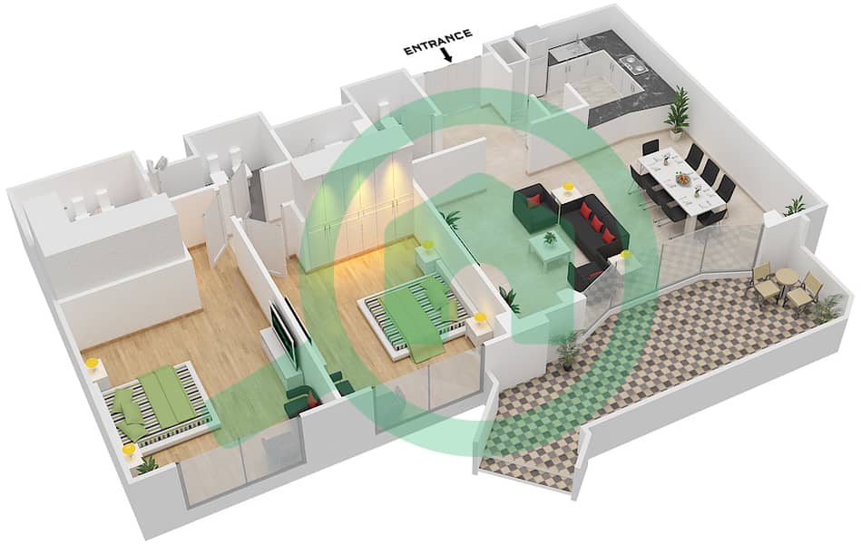 المخططات الطابقية لتصميم النموذج B شقة 2 غرفة نوم - شقق الحدائق interactive3D