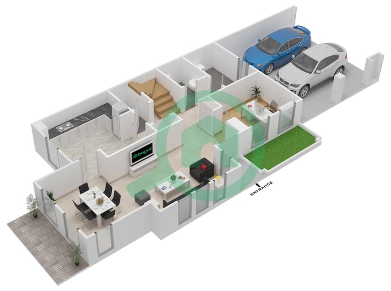 祖拉尔1区 - 3 卧室别墅类型D END UNIT戶型图 Ground Floor interactive3D