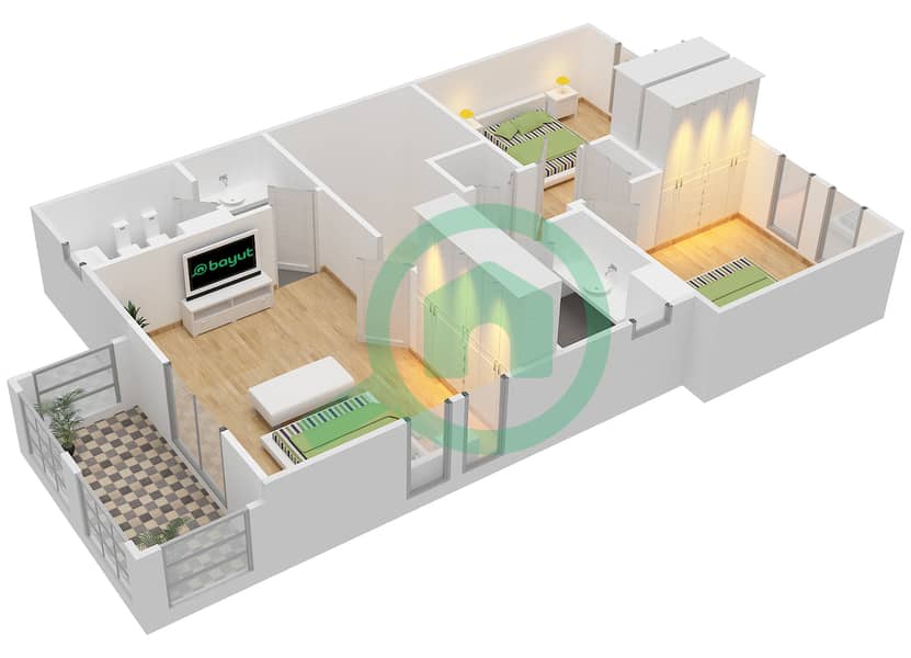 祖拉尔1区 - 3 卧室别墅类型D END UNIT戶型图 First Floor interactive3D