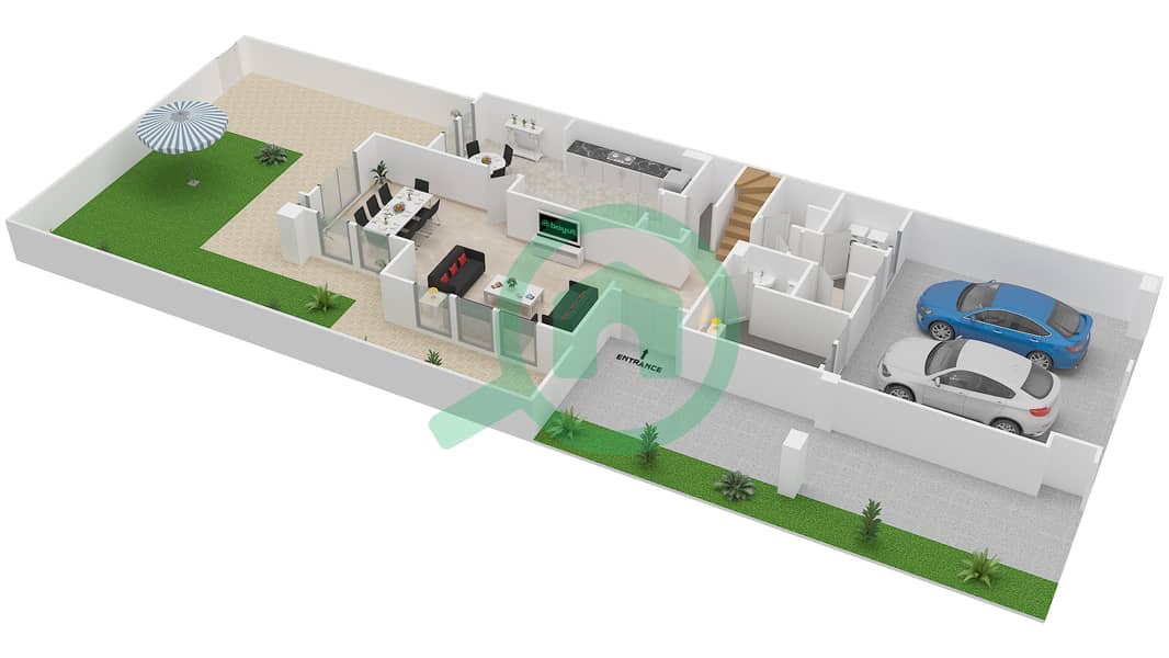 المخططات الطابقية لتصميم النموذج F END UNIT فیلا 3 غرف نوم - زلال 1 Ground Floor interactive3D