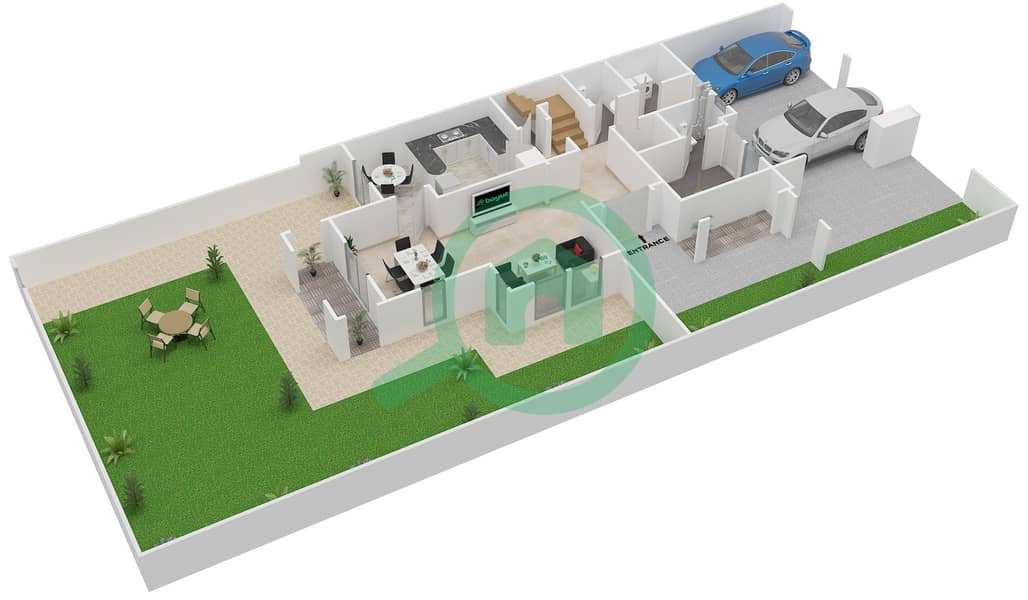 祖拉尔1区 - 3 卧室别墅类型C END UNIT戶型图 Ground Floor interactive3D