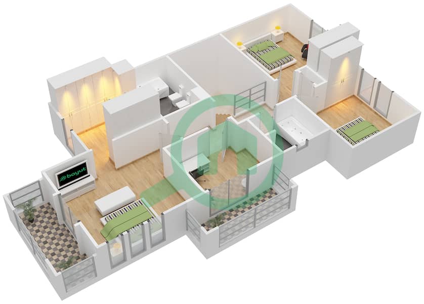 祖拉尔1区 - 3 卧室别墅类型C END UNIT戶型图 Frist Floor interactive3D