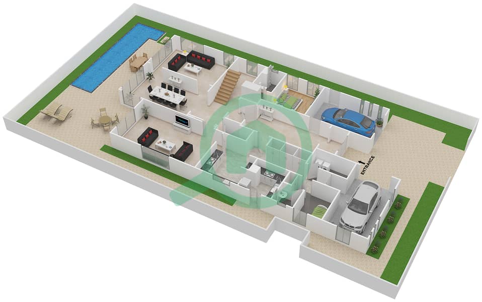 المخططات الطابقية لتصميم النموذج A فیلا 5 غرف نوم - فلل داماك رويال جولف بوتيك Ground Floor interactive3D