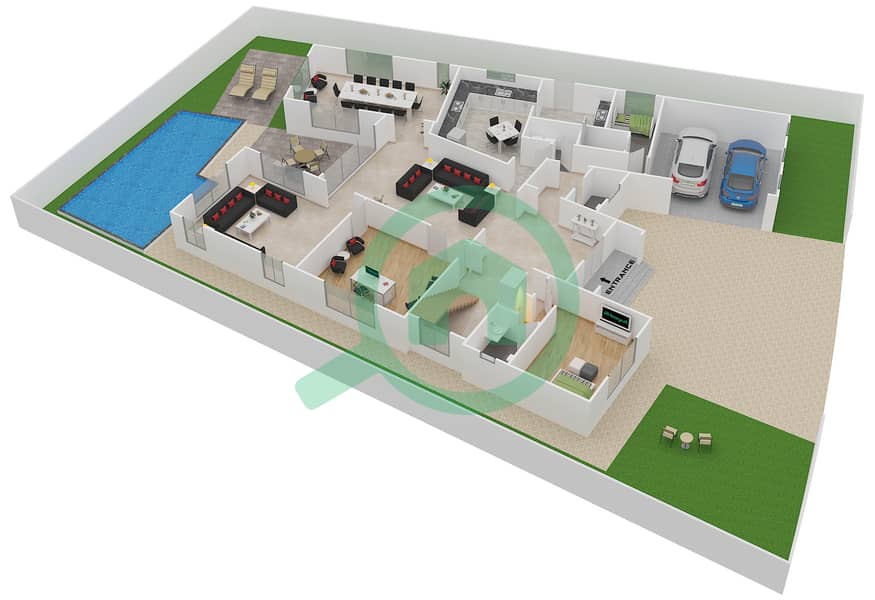 المخططات الطابقية لتصميم النموذج B فیلا 5 غرف نوم - فلل داماك رويال جولف بوتيك Ground Floor interactive3D