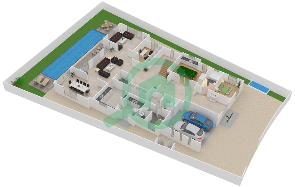 المخططات الطابقية لتصميم النموذج C فیلا 4 غرف نوم - فلل داماك رويال جولف بوتيك Ground Floor interactive3D