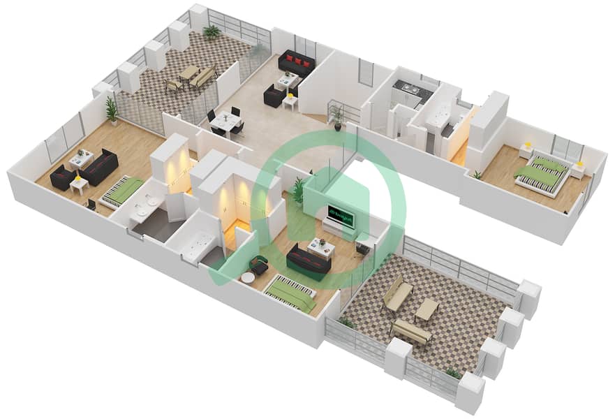 المخططات الطابقية لتصميم النموذج C فیلا 4 غرف نوم - فلل داماك رويال جولف بوتيك First Floor interactive3D