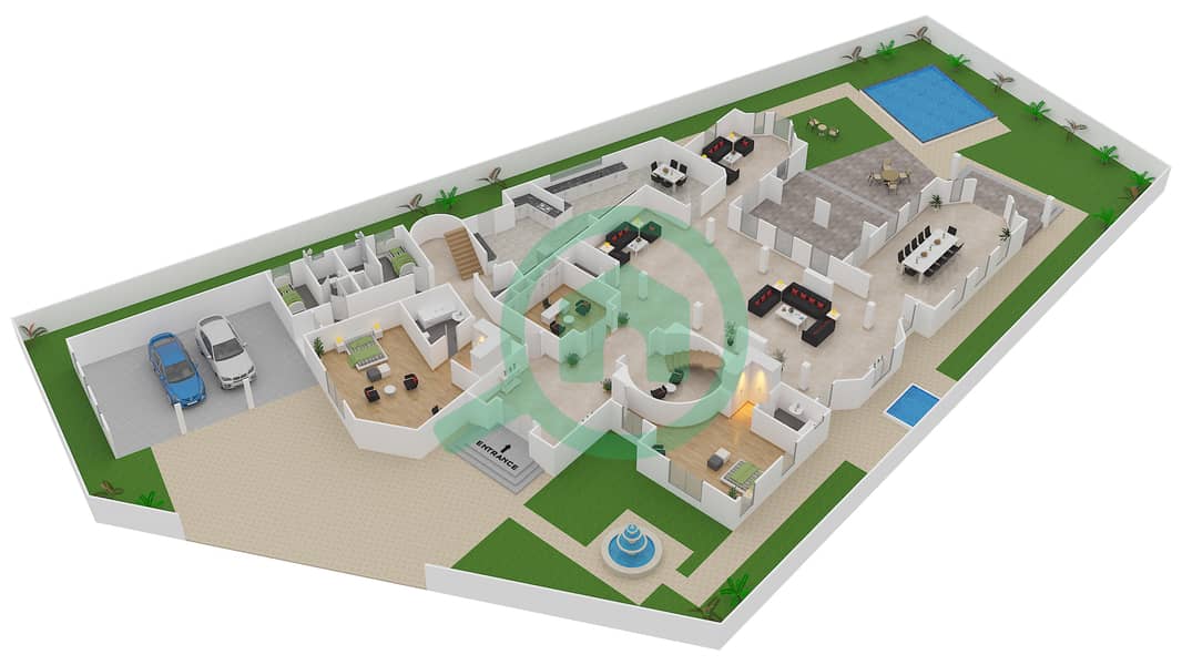 المخططات الطابقية لتصميم النموذج E فیلا 7 غرف نوم - فلل داماك رويال جولف بوتيك Ground Floor interactive3D