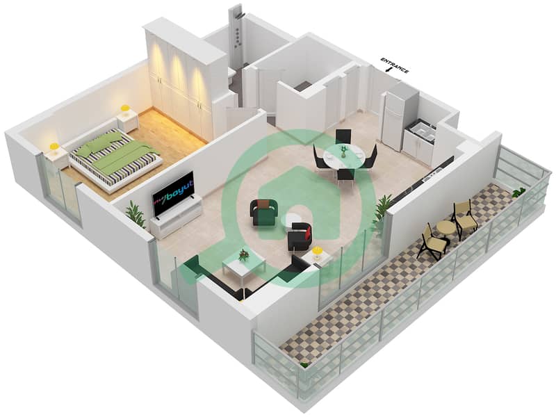 帆船住宅社区 - 1 卧室公寓类型／单位3A/104戶型图 Floor 1 interactive3D