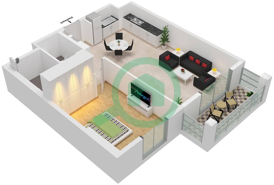 帆船住宅社区 - 1 卧室公寓类型／单位2/103,203戶型图 Floor 1-6
Unit-303,403,503,602 interactive3D
