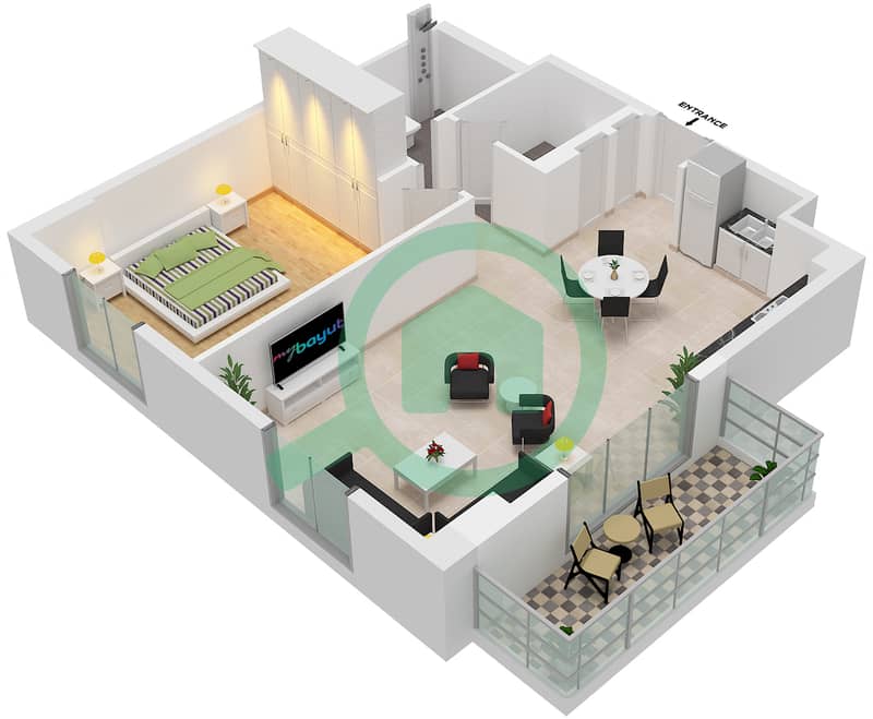 帆船住宅社区 - 1 卧室公寓类型／单位3/204,304戶型图 Floor 2-5
Unit-404,504 interactive3D