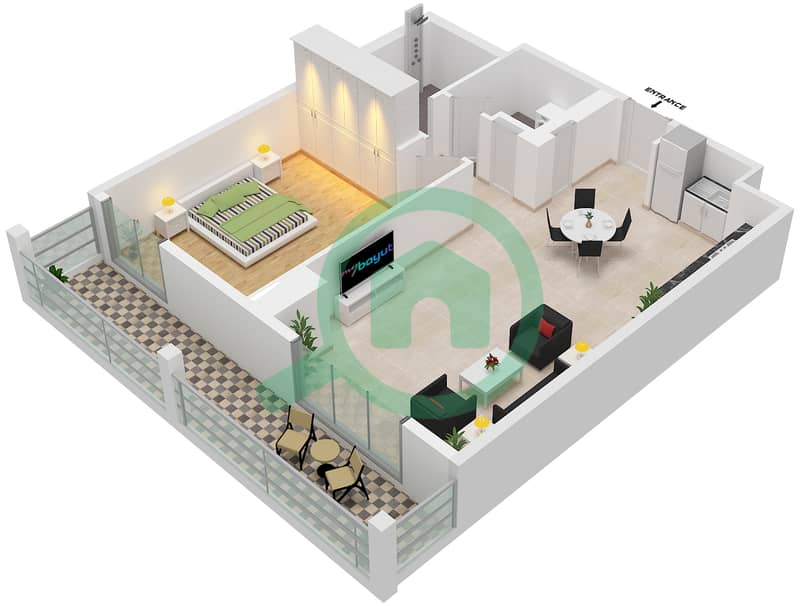 المخططات الطابقية لتصميم النموذج / الوحدة 6A/107 شقة 1 غرفة نوم - لا فوال Floor 1 interactive3D