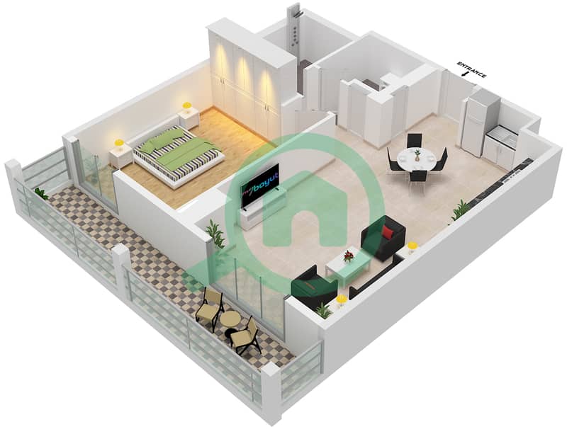 帆船住宅社区 - 1 卧室公寓类型／单位6A/107戶型图 Floor 1 interactive3D