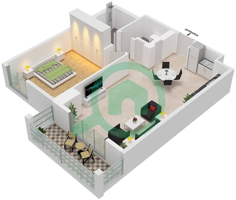 帆船住宅社区 - 1 卧室公寓类型／单位6/207,307戶型图 Floor 2-6
Unit-407,507,605 interactive3D