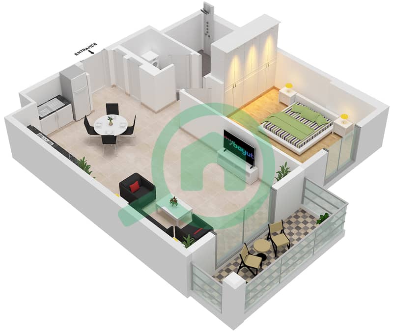 帆船住宅社区 - 1 卧室公寓类型／单位8/111戶型图 Floor 1 interactive3D