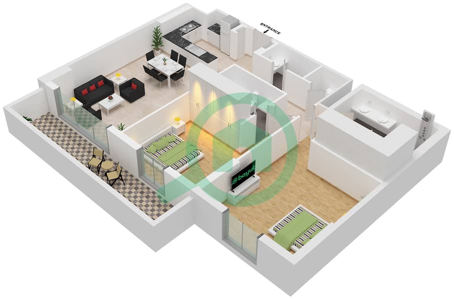 帆船住宅社区 - 2 卧室公寓类型／单位1A/101戶型图 Floor 1 interactive3D
