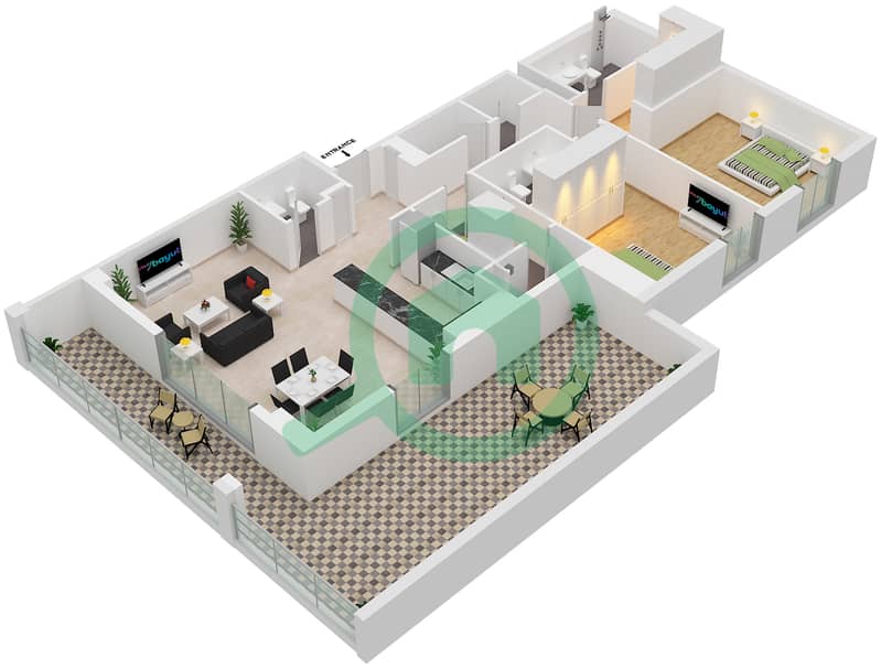 المخططات الطابقية لتصميم النموذج / الوحدة 2A/109 شقة 2 غرفة نوم - لا فوال Floor 1 interactive3D