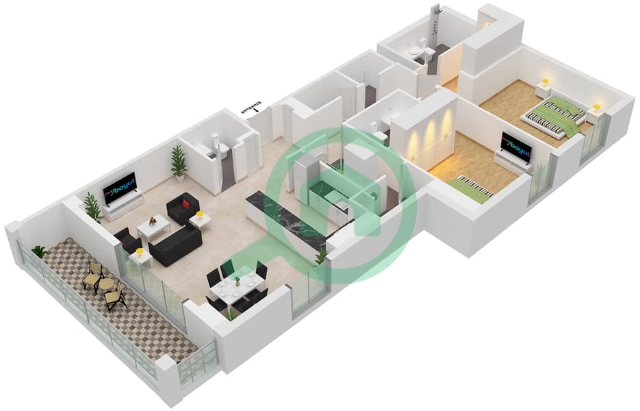 المخططات الطابقية لتصميم النموذج / الوحدة 2/209,309,409 شقة 2 غرفة نوم - لا فوال Floor 2,3,4 interactive3D