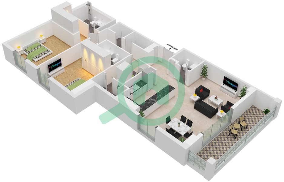 帆船住宅社区 - 2 卧室公寓类型／单位3A/110戶型图 Floor 1 interactive3D