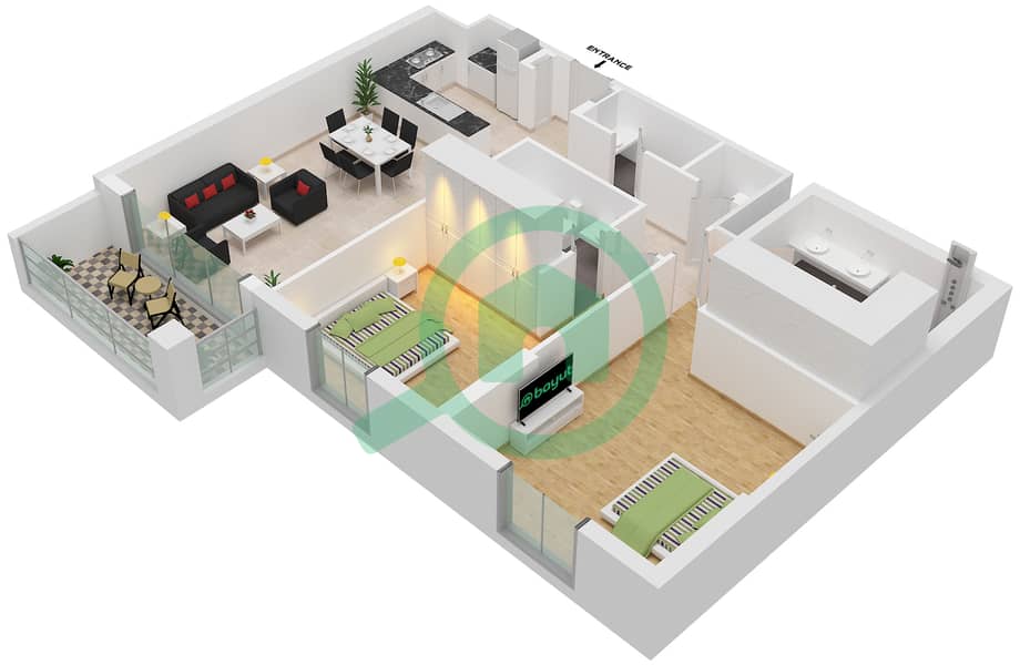 帆船住宅社区 - 2 卧室公寓类型／单位4/211,311,411戶型图 Floor 2,3,4 interactive3D