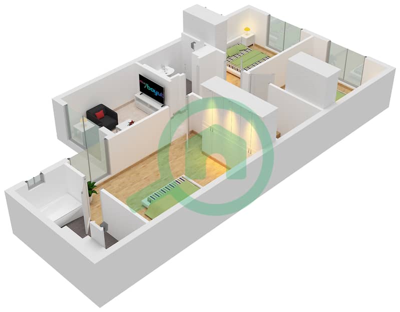 المخططات الطابقية لتصميم النموذج / الوحدة C/J04 فیلا 3 غرف نوم - مدينة الشارقة المستدامة Upper Floor interactive3D