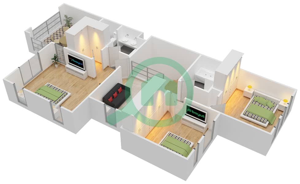 祖拉尔2区 - 3 卧室别墅类型B END UNIT戶型图 First Floor interactive3D