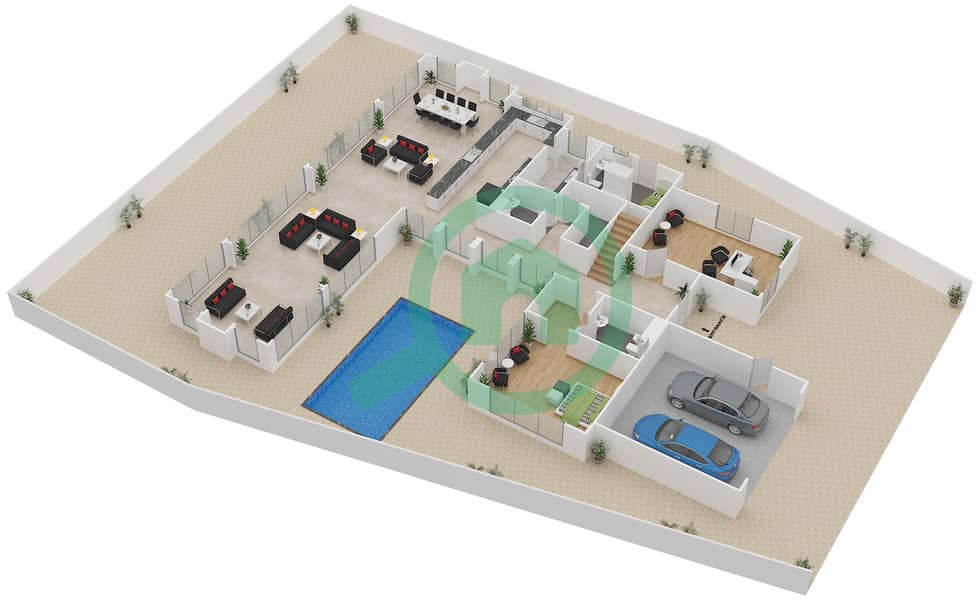 المخططات الطابقية لتصميم النموذج 3 فیلا 6 غرف نوم - سيينا فيوز Ground Floor interactive3D