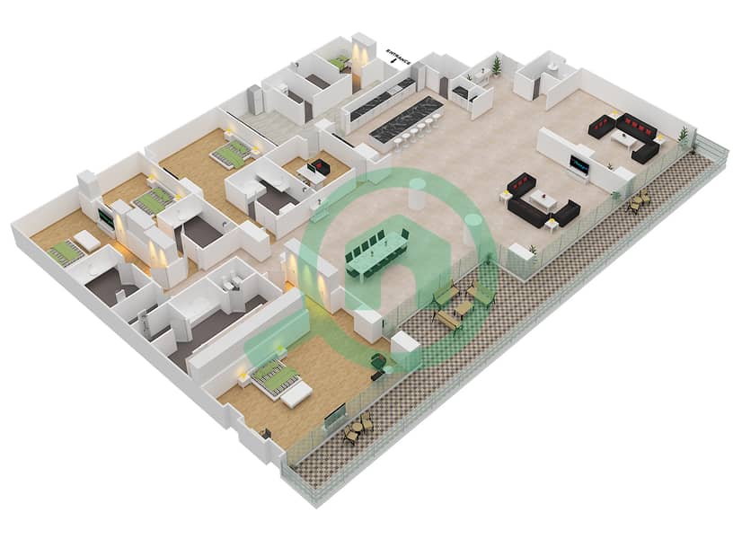 المخططات الطابقية لتصميم الوحدة 6-102 شقة 4 غرف نوم - قصر 6 Floor 1 interactive3D