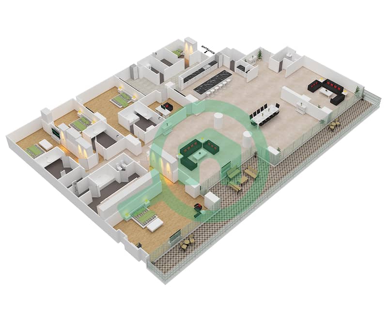 المخططات الطابقية لتصميم الوحدة 6-202 شقة 4 غرف نوم - قصر 6 Floor 2 interactive3D
