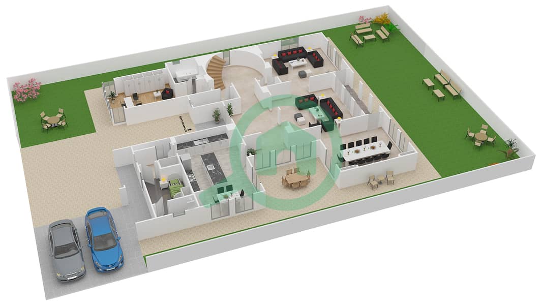 المخططات الطابقية لتصميم النموذج L2 فیلا 6 غرف نوم - السهول 1 Ground Floor interactive3D