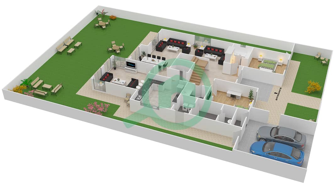 المخططات الطابقية لتصميم النموذج 8 فیلا 7 غرف نوم - السهول 1 Ground Floor interactive3D