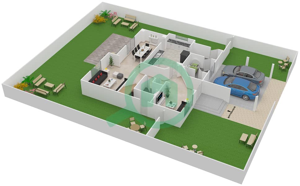المخططات الطابقية لتصميم النموذج 3 فیلا 3 غرف نوم - السهول 1 Ground Floor interactive3D