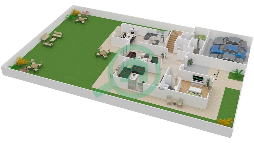 المخططات الطابقية لتصميم النموذج 10 فیلا 5 غرف نوم - السهول 1 Ground Floor interactive3D