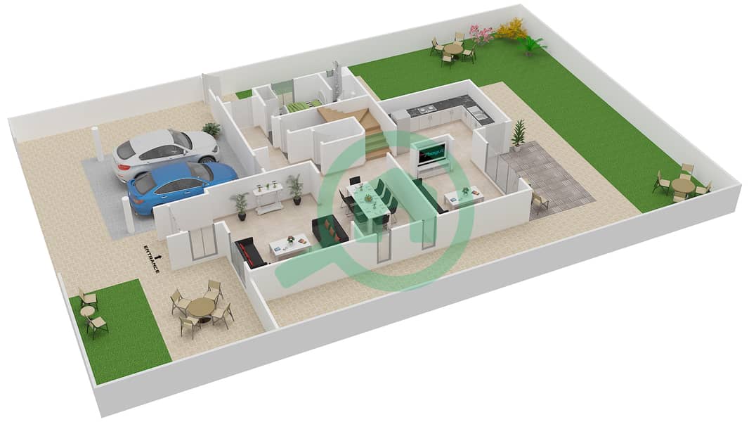 المخططات الطابقية لتصميم النموذج 15 فیلا 3 غرف نوم - السهول 1 Ground Floor interactive3D