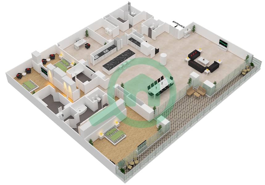 المخططات الطابقية لتصميم الوحدة 7-101, FLOOR 1 شقة 3 غرف نوم - قصر 7 Floor 1 interactive3D