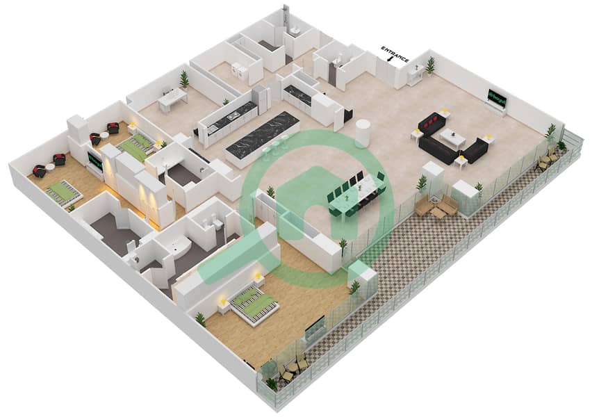 المخططات الطابقية لتصميم الوحدة 7-201, FLOOR 2 شقة 3 غرف نوم - قصر 7 Floor 2 interactive3D