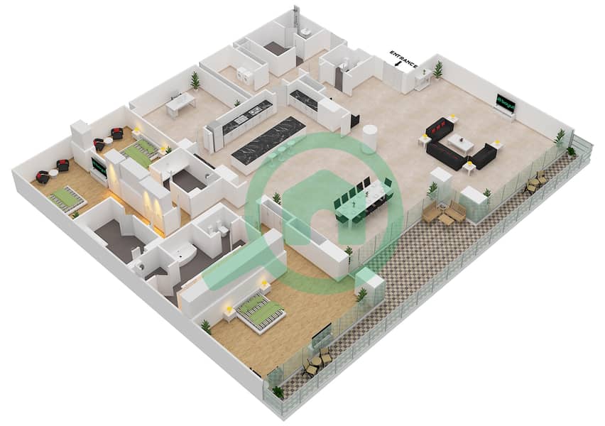المخططات الطابقية لتصميم الوحدة 7-301, FLOOR 3 شقة 3 غرف نوم - قصر 7 Floor 3 interactive3D