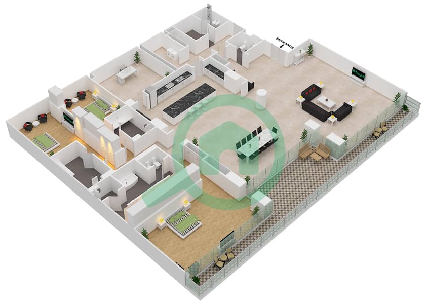 المخططات الطابقية لتصميم الوحدة 7-401, FLOOR 4 شقة 3 غرف نوم - قصر 7 Floor 4 interactive3D
