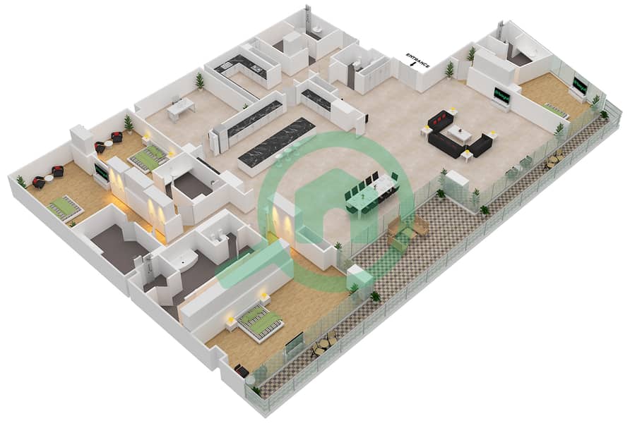 المخططات الطابقية لتصميم الوحدة 7-601, FLOOR 6 شقة 4 غرف نوم - قصر 7 Floor 6 interactive3D