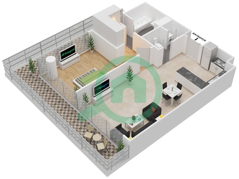 المخططات الطابقية لتصميم النموذج 1A شقة 1 غرفة نوم - الريانة interactive3D